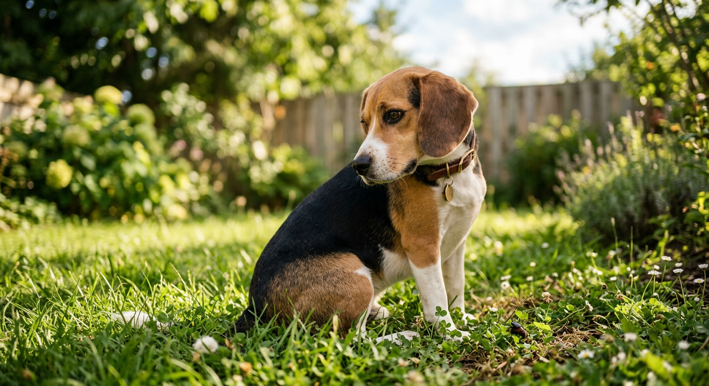 A Beagle sitting in a grassy backyard looking curious after going to the bathroom.