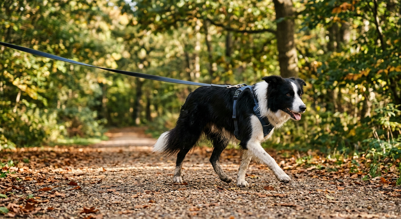 A Border Collie walking on a leash in a park during a morning stroll.