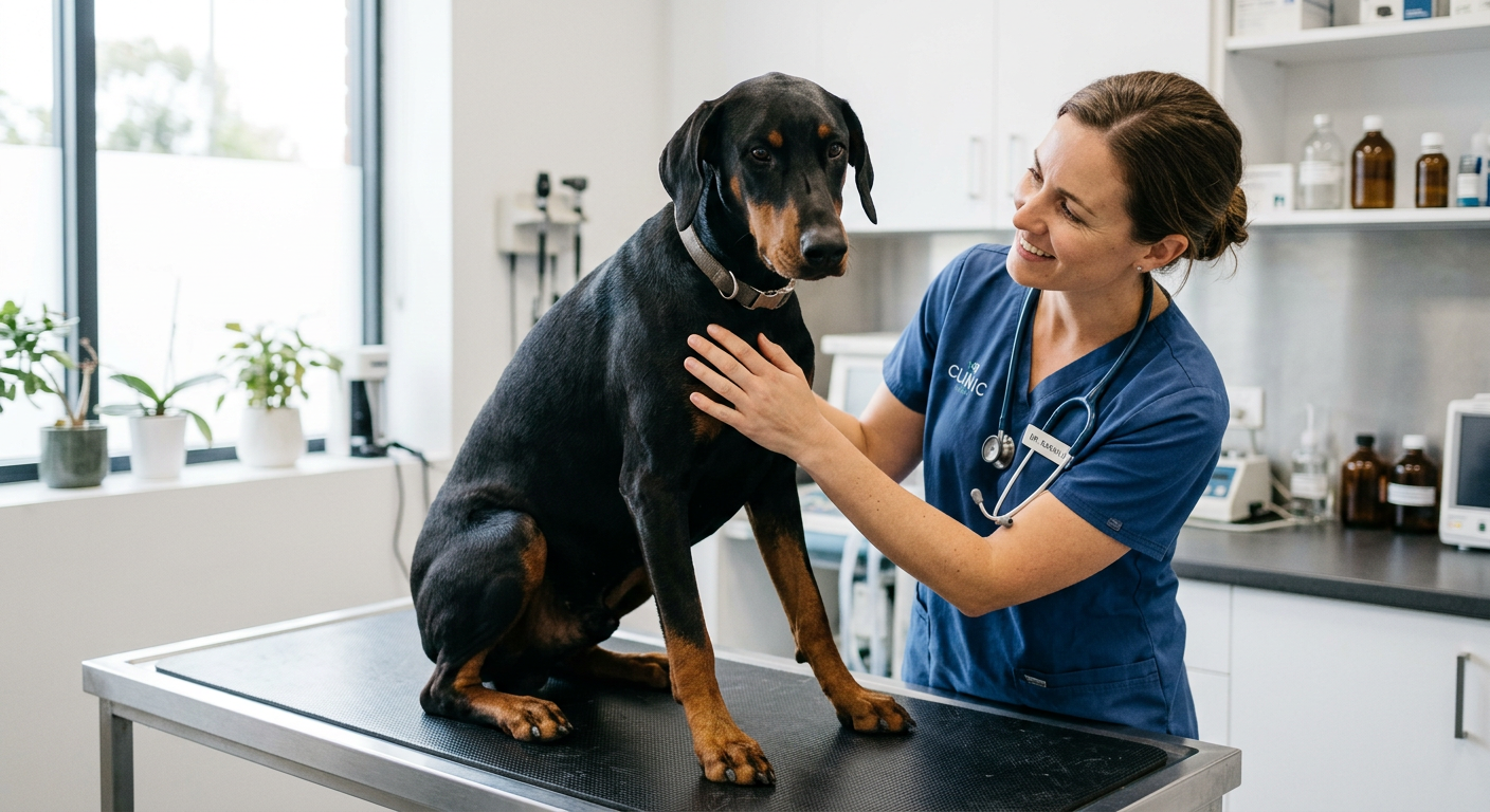 A veterinarian gently examining a calm Doberman Pinscher in a bright clinic.
