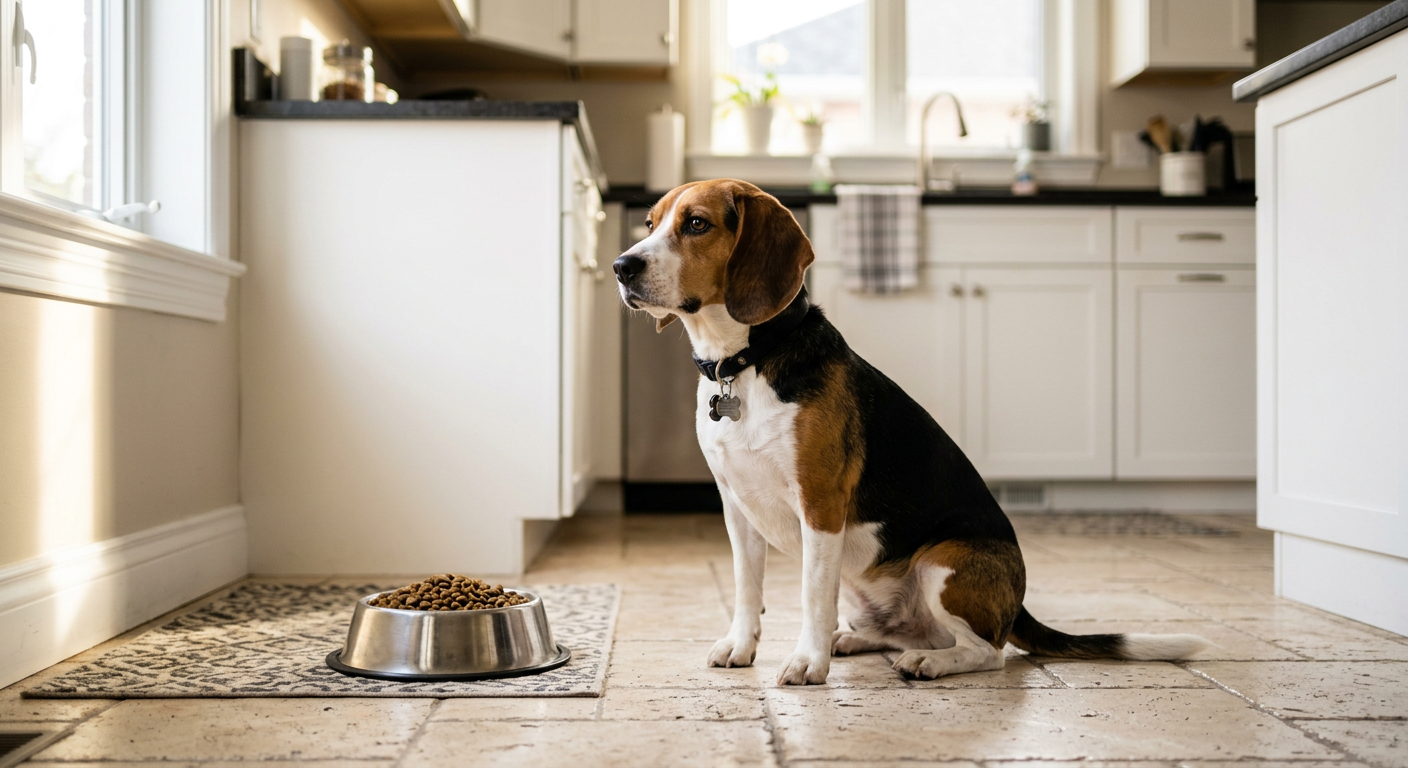 A healthy Beagle sitting calmly next to a full bowl of dog food looking away with a neutral expression.