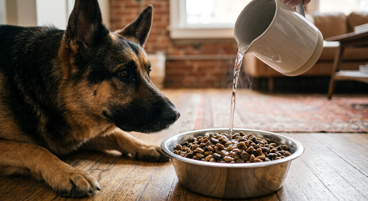 A close-up of a hand pouring warm water over dry dog kibble in a stainless steel bowl.