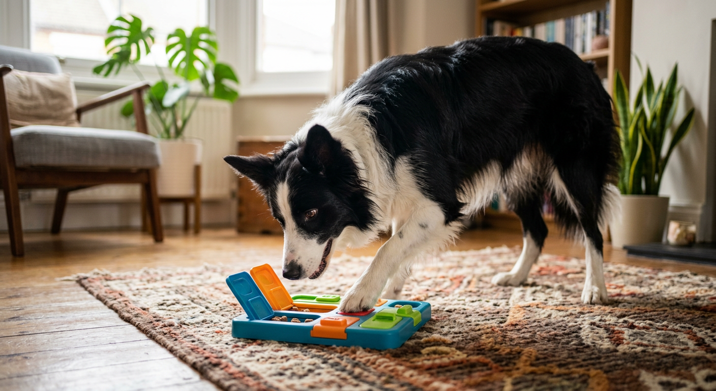 A happy Border Collie playing with a colorful puzzle feeder toy on a living room rug.