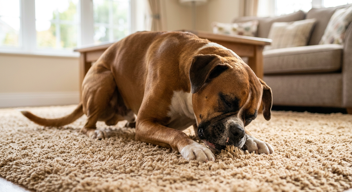 A brown Boxer dog enthusiastically rubbing its face against a tan living room carpet.