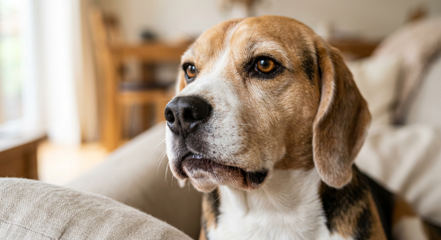 Close up of a Beagle with slightly red skin around the muzzle looking at the camera.