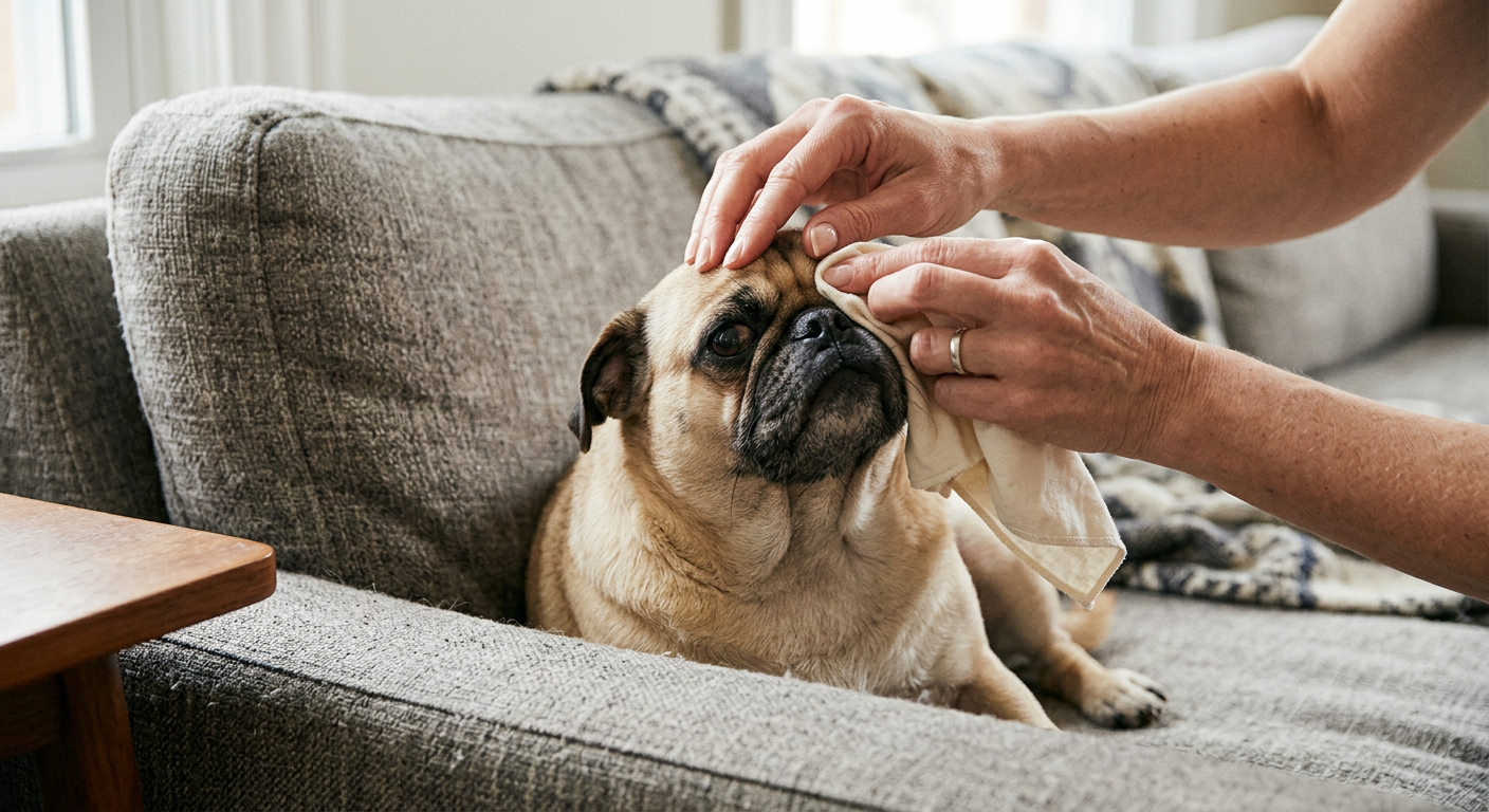 A person wiping a Pug's facial wrinkles with a soft white cloth.