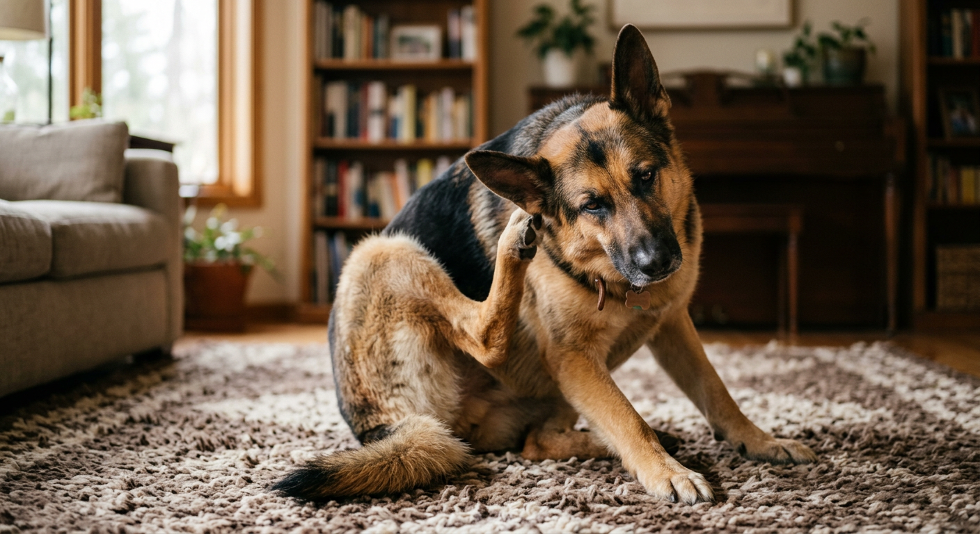 A brown Spaniel dog sitting on a rug and scratching its ear with a back paw.