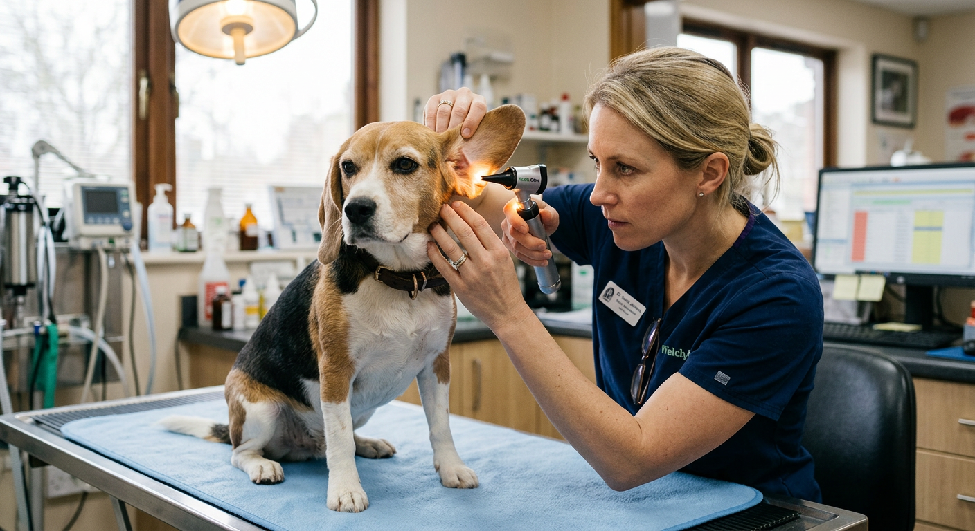 A veterinarian using an otoscope to look inside a Beagle dog's ear.