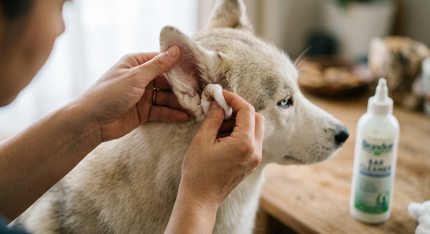 A person gently wiping a dog's ear with a cotton ball and ear cleaning solution.