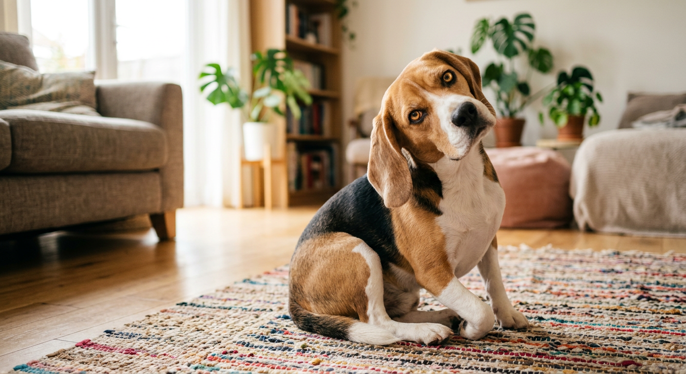 A confused Beagle tilting its head significantly to one side in a bright living room.