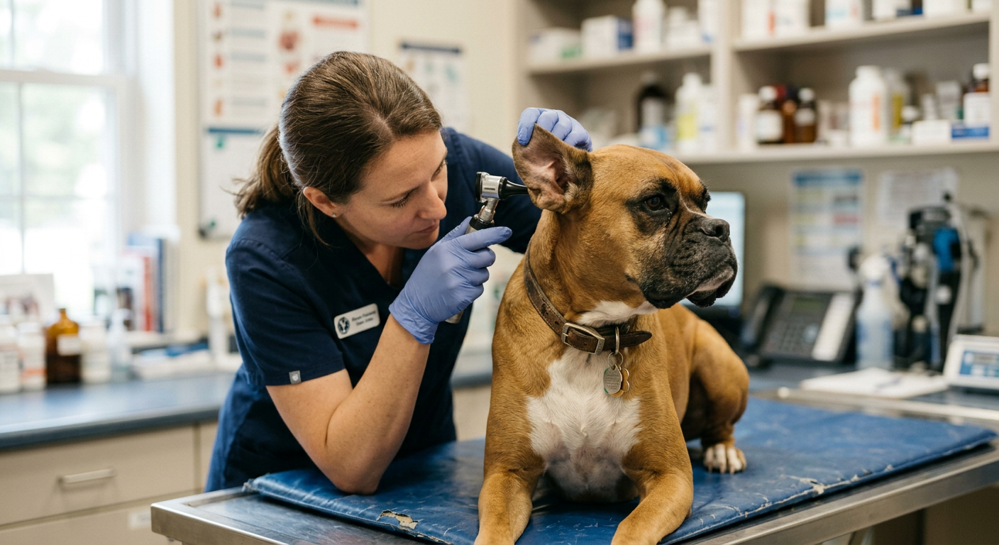A veterinarian using a specialized light to look into the ear of a calm Boxer dog.