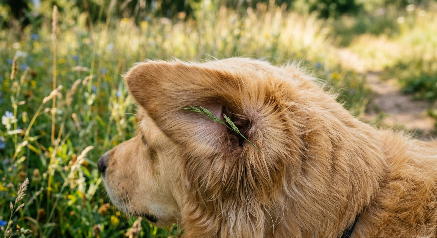 A close up of a Golden Retriever with a blade of grass stuck near its ear.