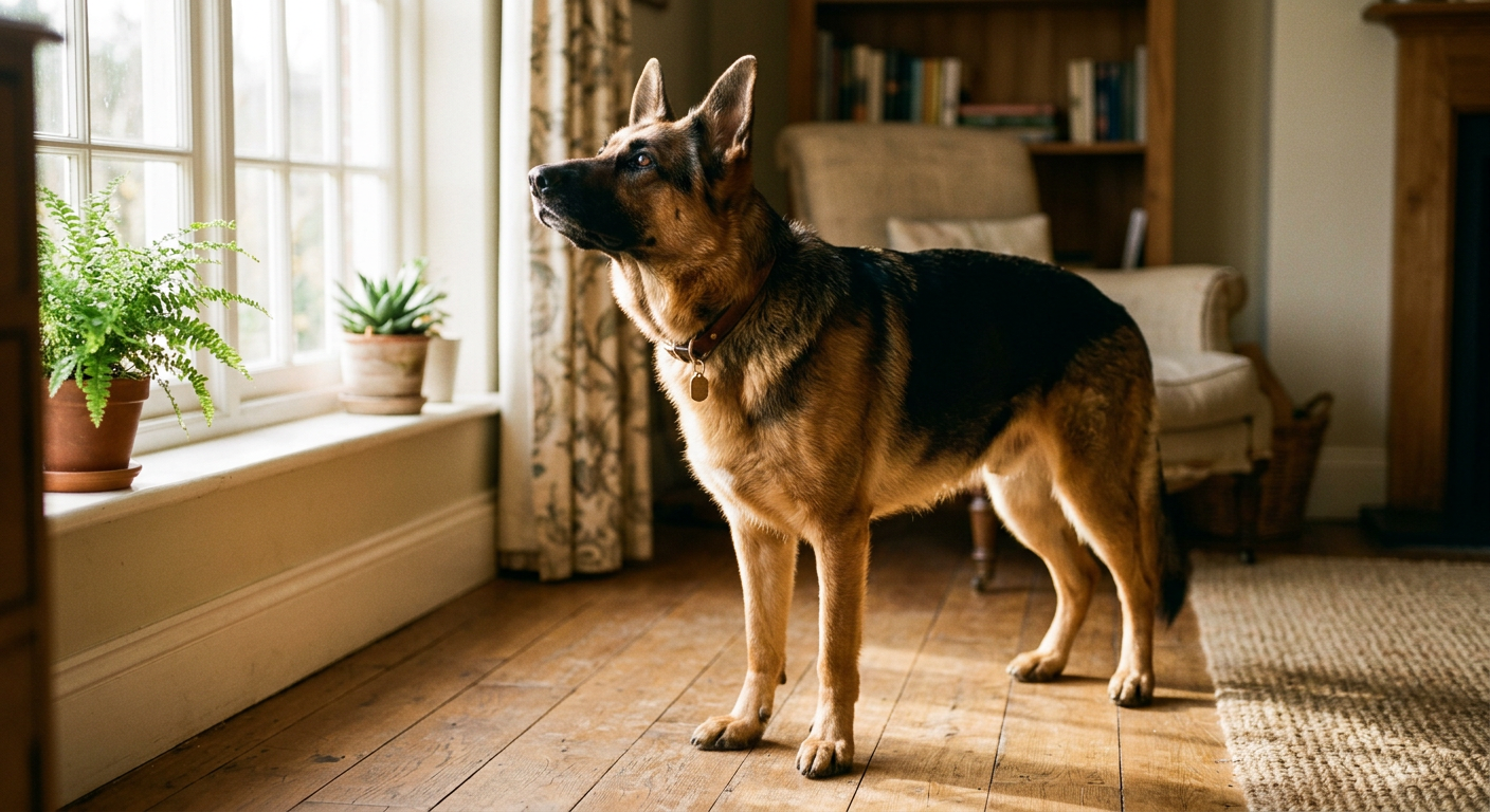 A focused German Shepherd standing in a living room, nose tilted upward sniffing the air with ears pricked forward.