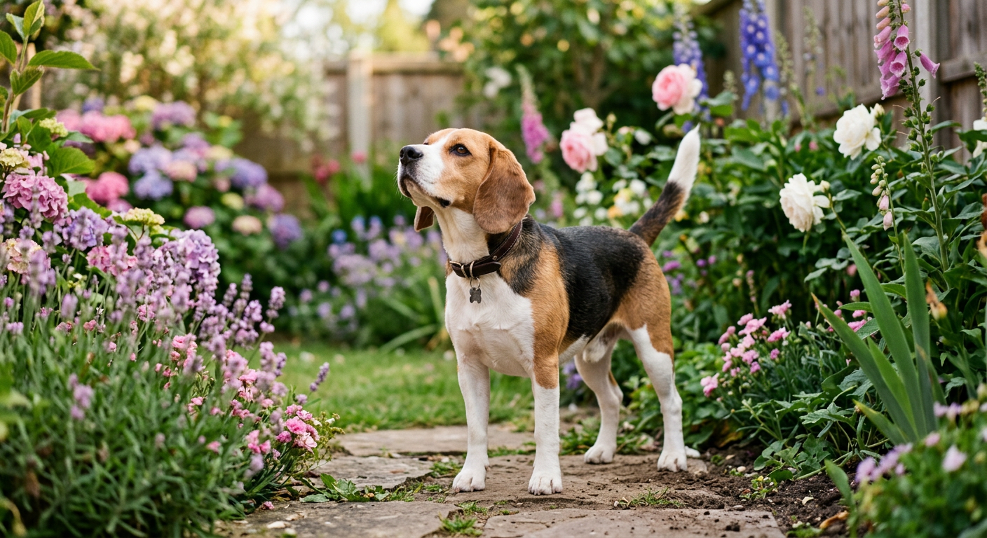 A Beagle in a lush green garden, head raised high to catch a scent in the breeze.