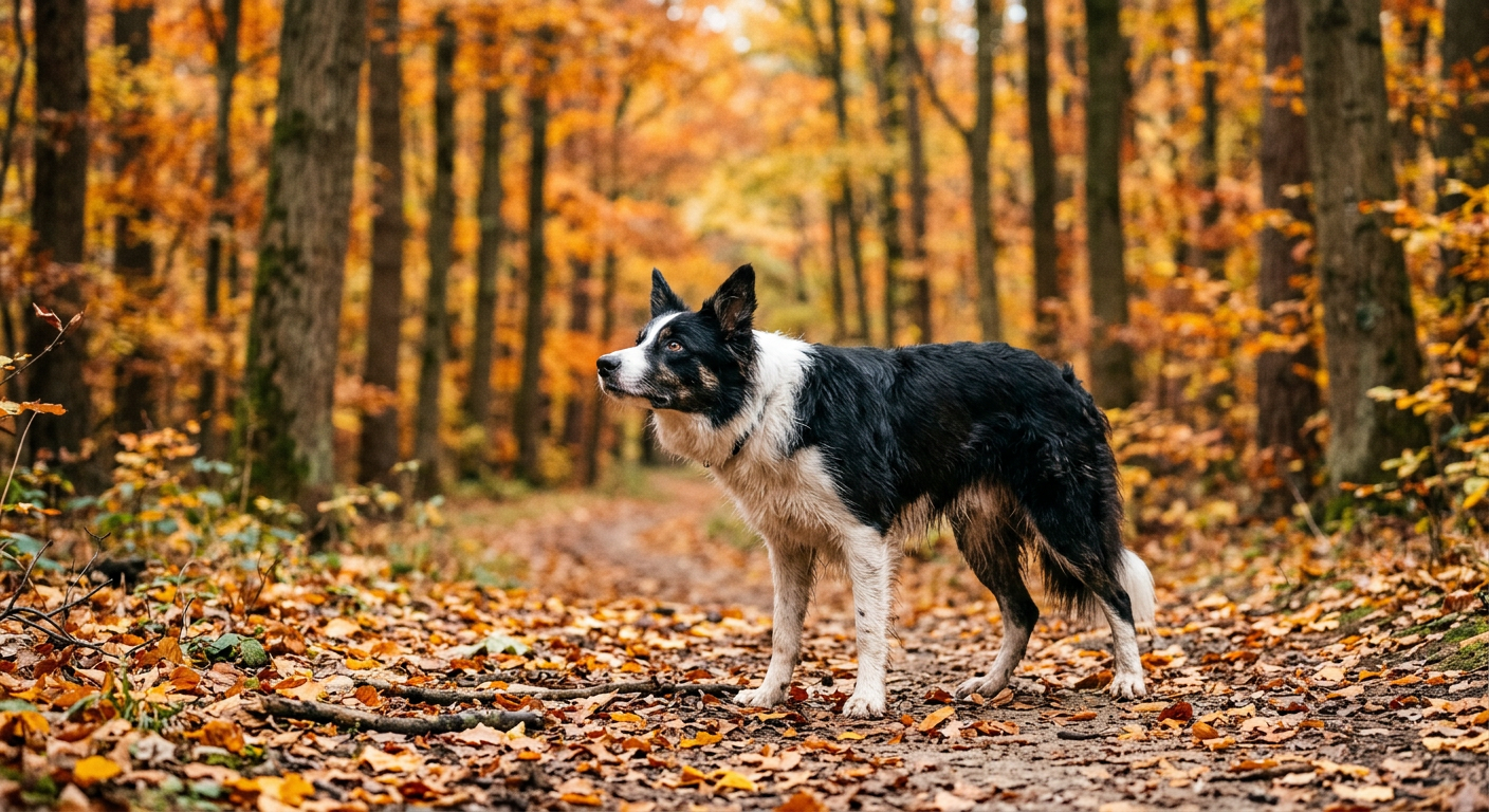 A Border Collie standing on a forest trail, looking alert and sniffing the air amidst tall trees.