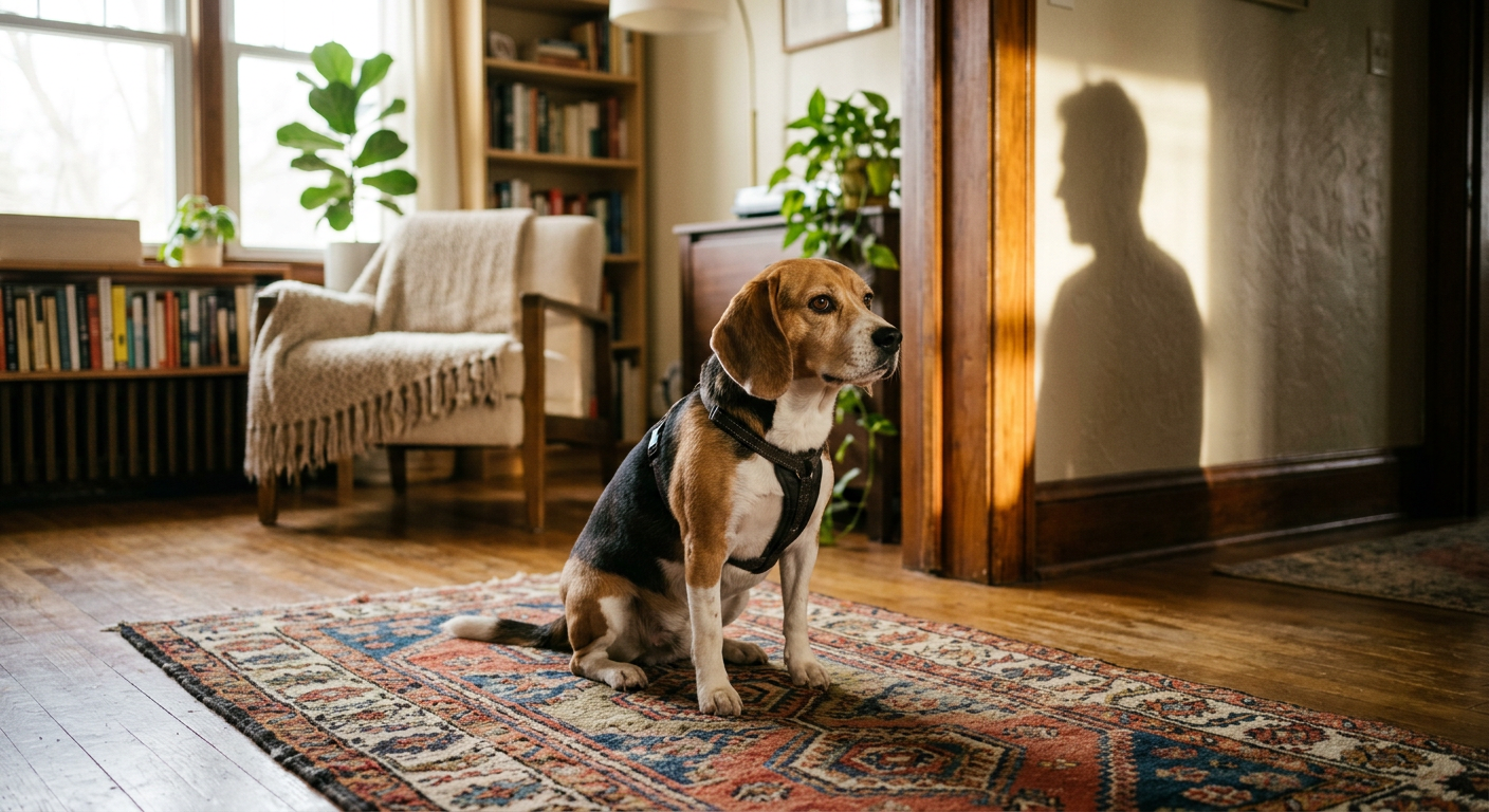 A worried Beagle sitting on a rug looking cautiously at a person standing in the doorway of a living room.