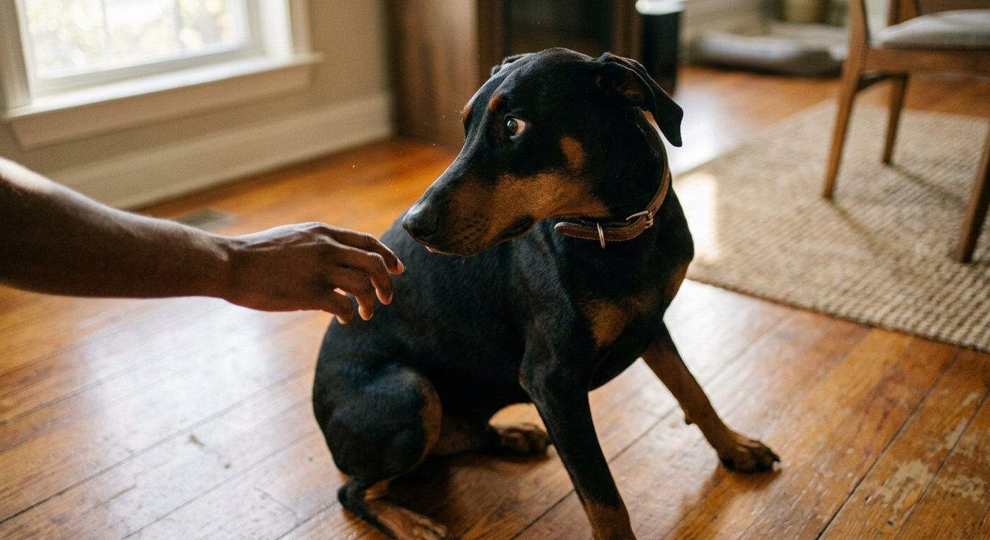 A Doberman Pinscher showing signs of stress by turning its head away from a hand reaching out.