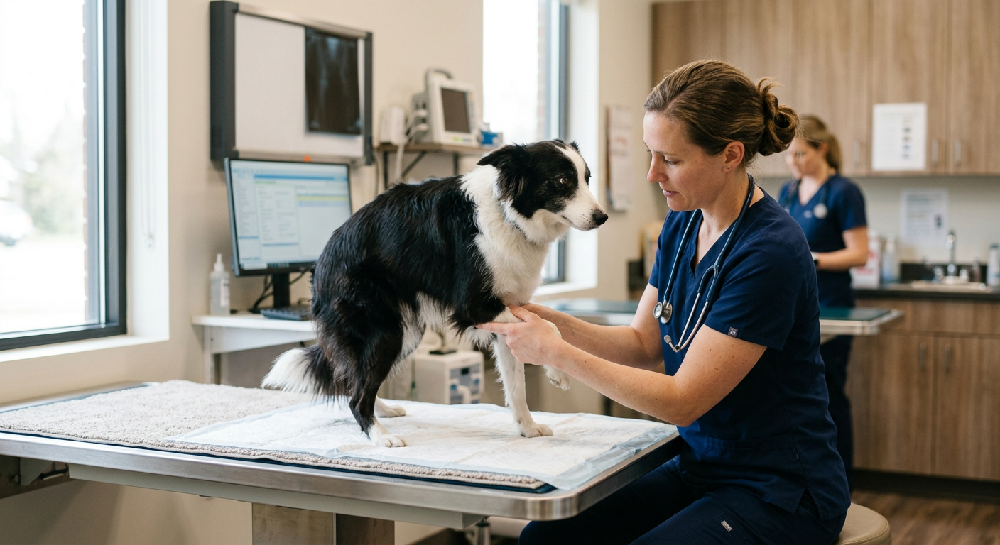 A professional veterinarian examining a dog to check for signs of pain or discomfort.