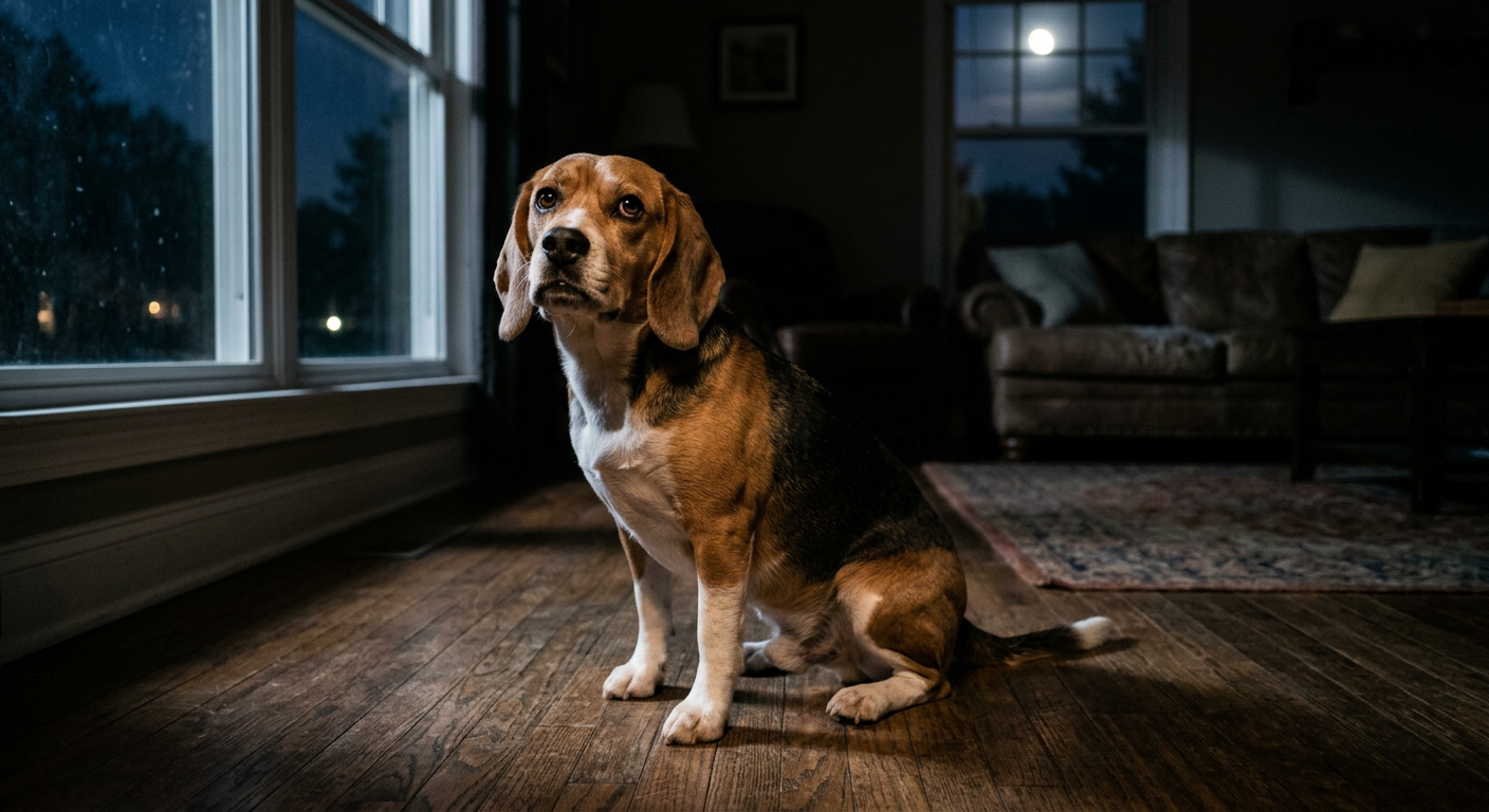 A confused Beagle sitting next to a rug in a dimly lit living room at night.