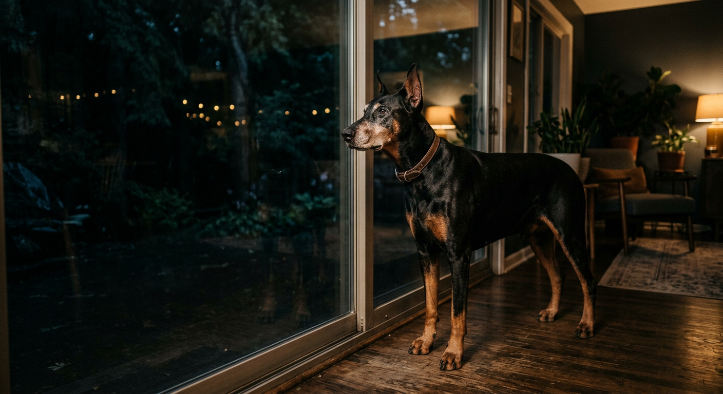 A senior Doberman Pinscher standing by a back door looking out into the dark yard.