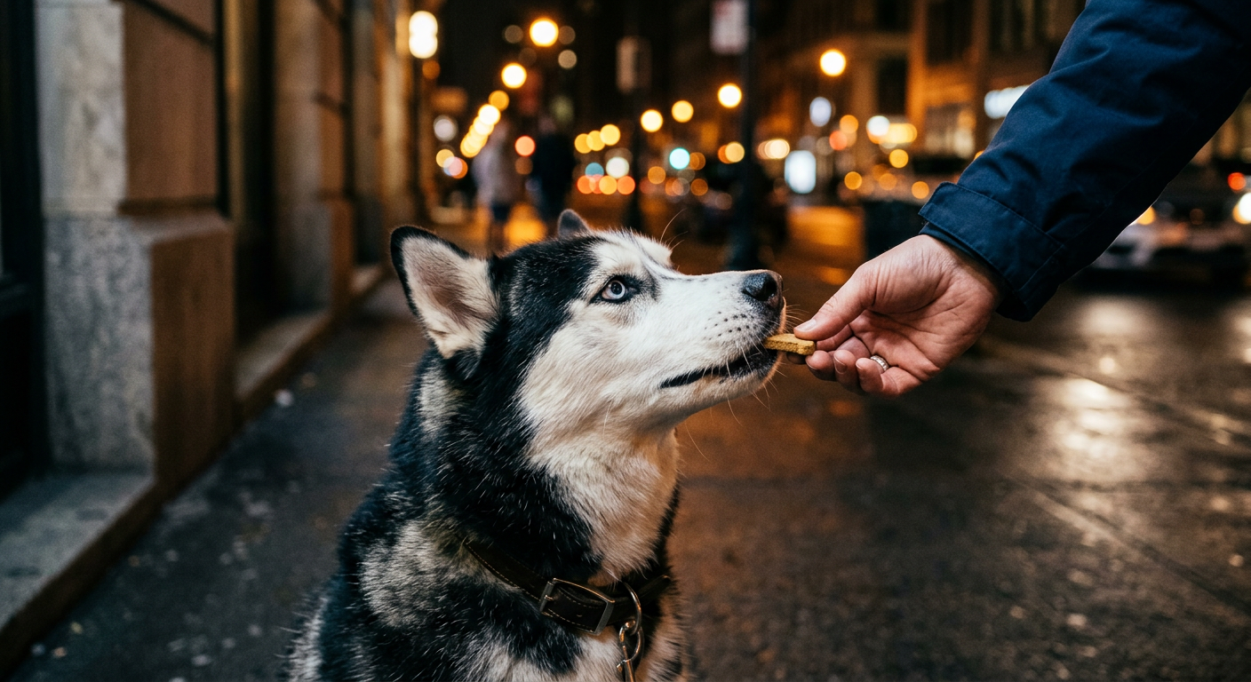A person giving a treat to a Siberian Husky outside at night during a walk.