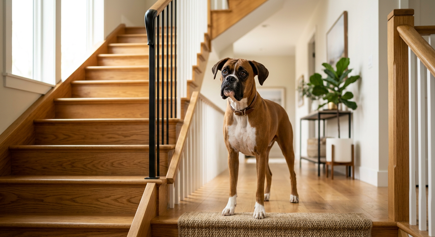 A worried Boxer dog standing at the bottom of a wooden staircase looking up with hesitation.