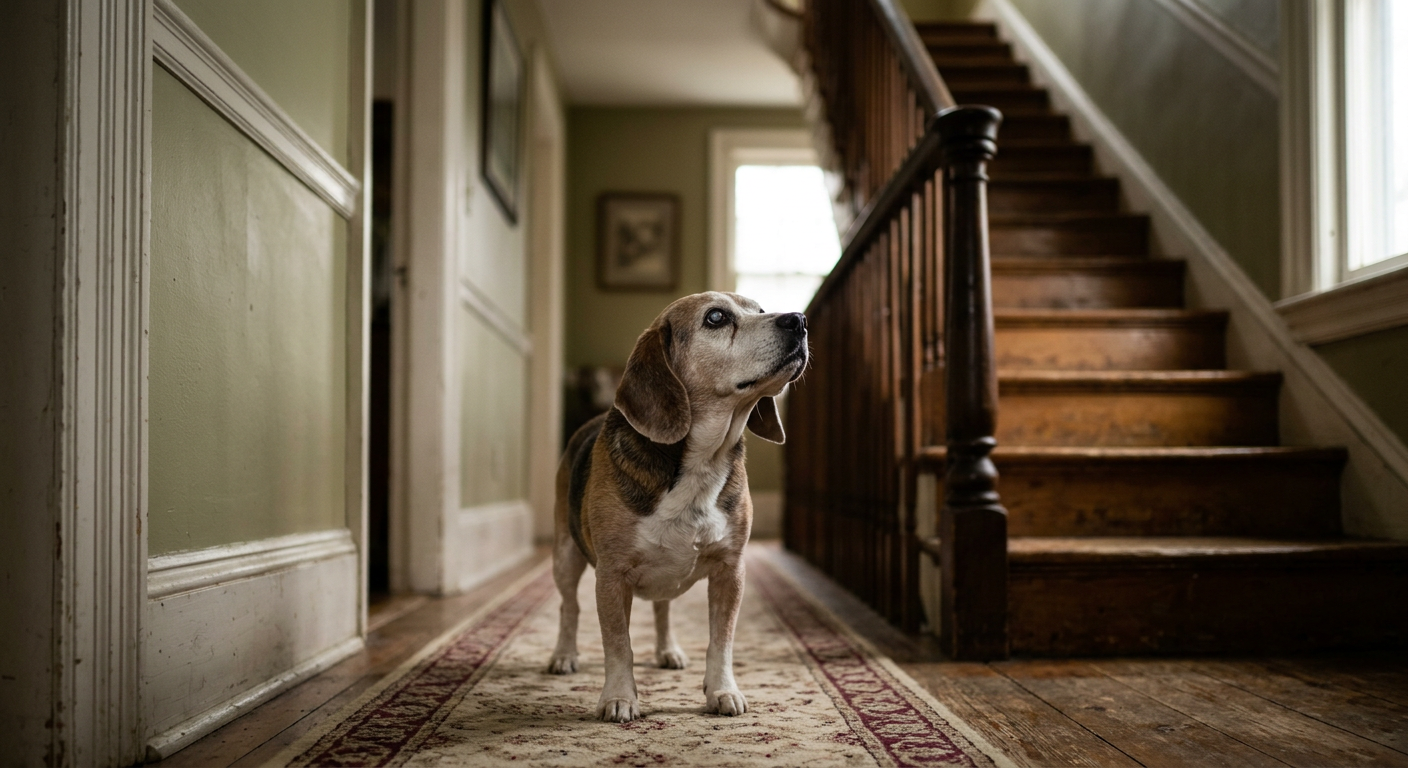 A senior Beagle looking up at a staircase in a dimly lit hallway.