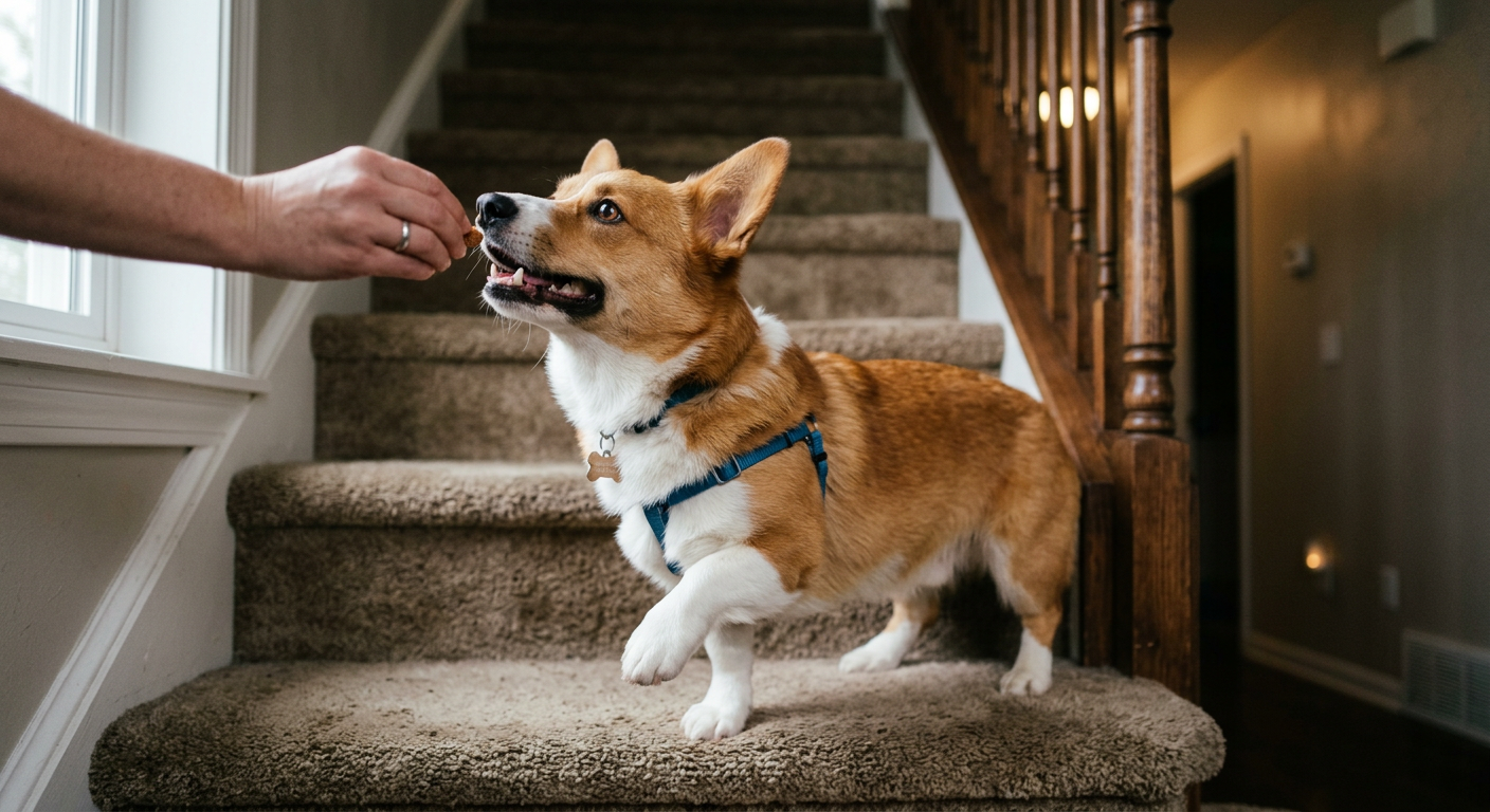 A person kneeling on stairs giving a treat to a Corgi to encourage climbing.