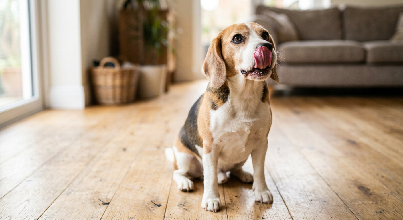 A curious Beagle sits on a wooden floor licking its lips while looking up at its owner.