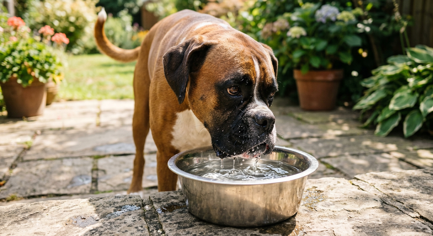 A Boxer dog drinking fresh water from a stainless steel bowl on a sunny patio.