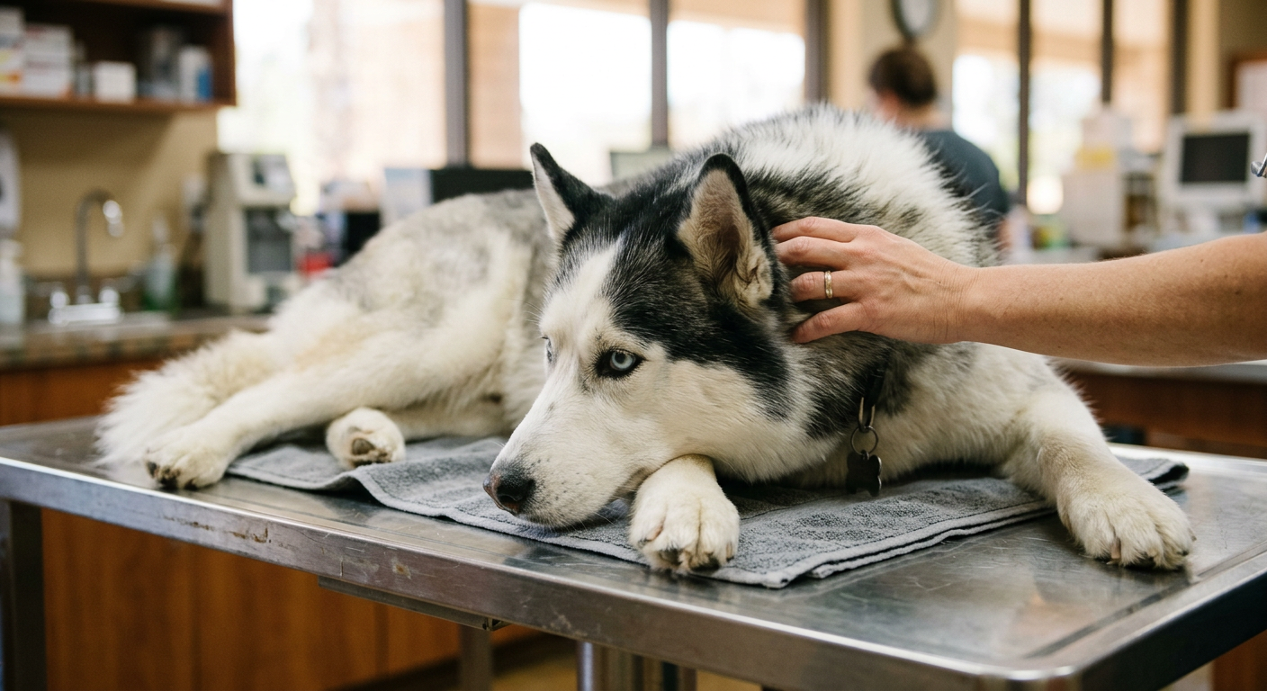 A calm Siberian Husky resting its head on its paws during a veterinary checkup.