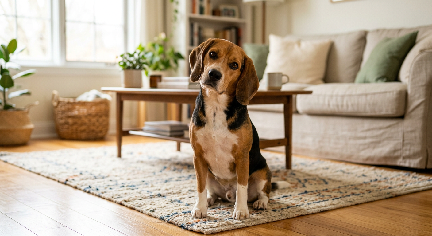 A Beagle tilting its head to the side while looking curiously at the camera in a living room.