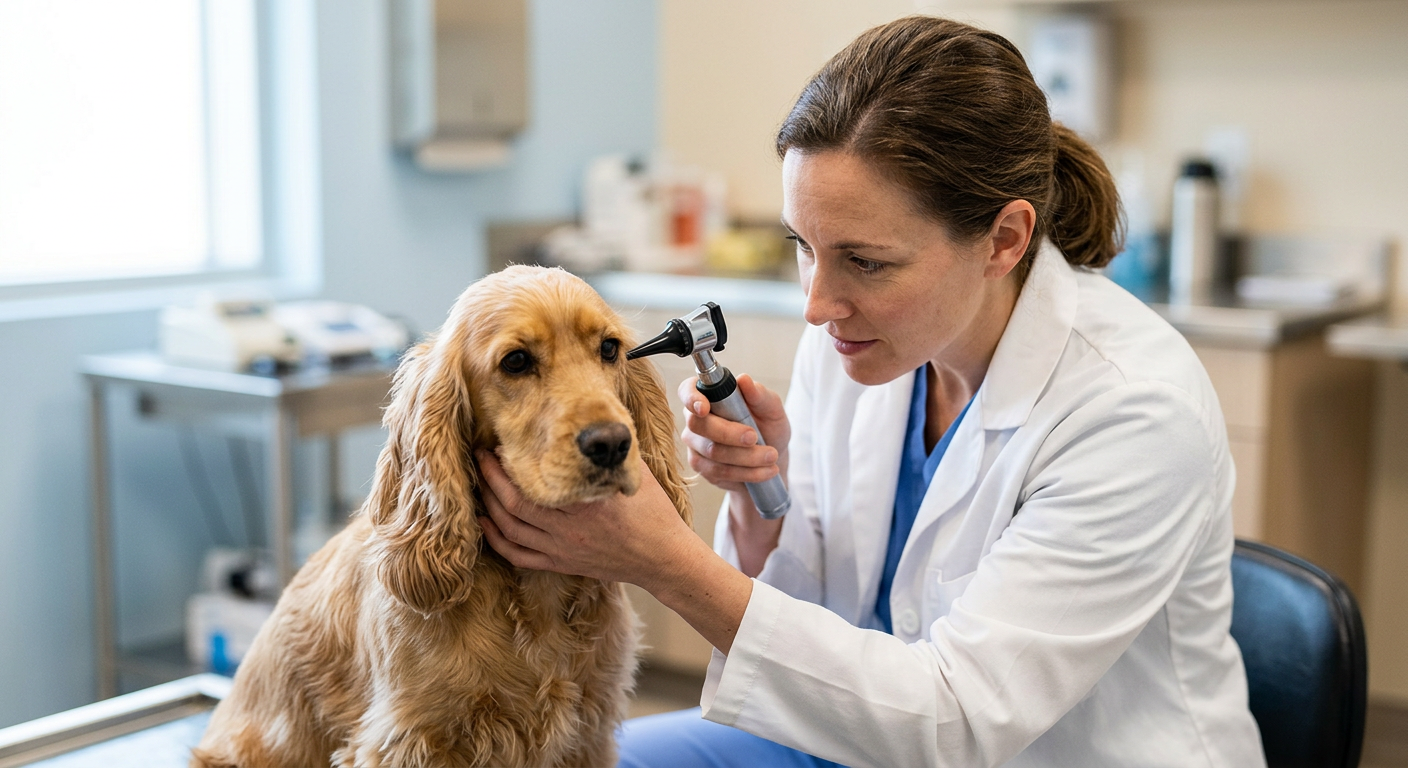 Close up of a veterinarian gently examining a Cocker Spaniel's ear with an otoscope.