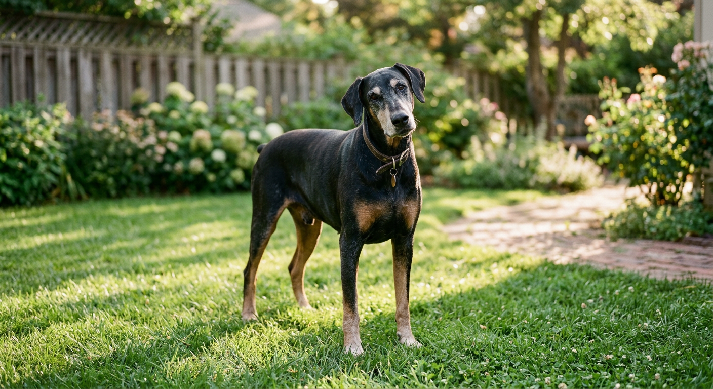 A senior Doberman Pinscher standing in a garden with a slight head tilt.