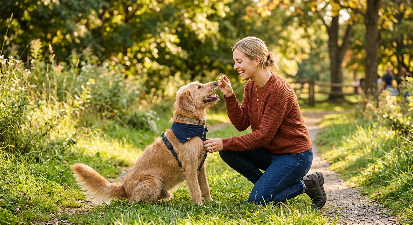 A happy person giving a treat to their dog during a positive reinforcement training session outdoors.