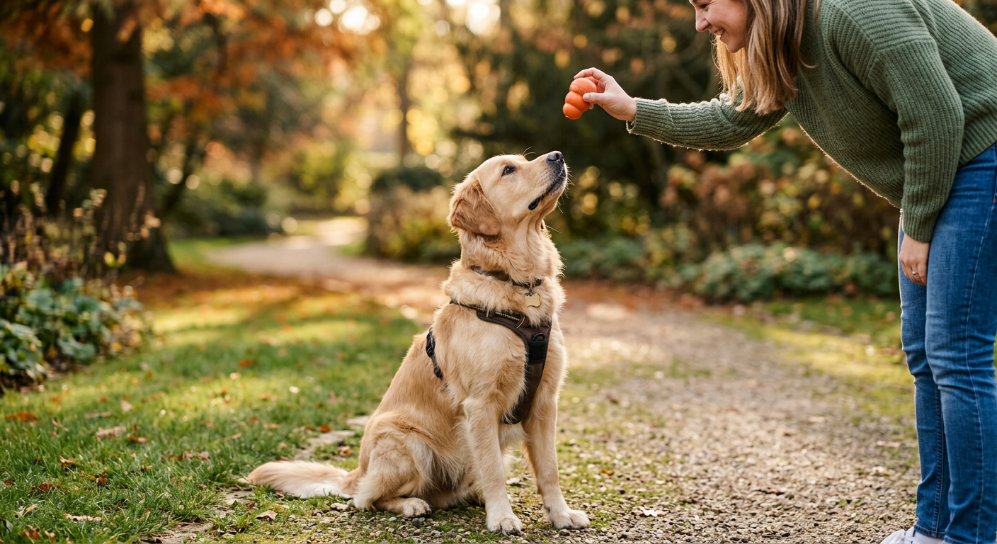 A focused dog looking up at its owner during an active training exercise in a park.