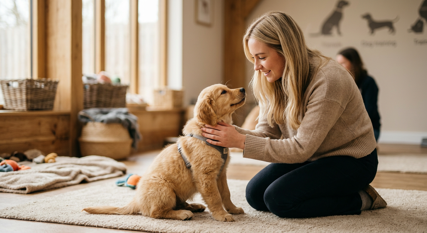 A young puppy meeting a new person calmly as part of a socialization exercise.