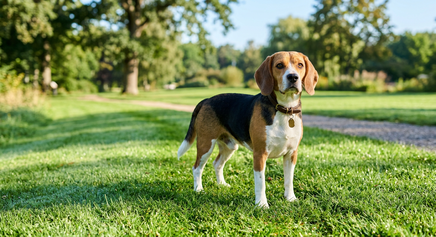 A Beagle standing on green grass during a sunny morning walk, looking back at its owner.