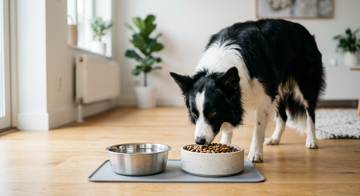 A bowl of fresh water and a bowl of healthy dog kibble on a clean kitchen floor.