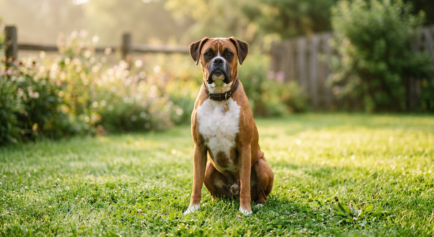 A Boxer dog sitting outside in a backyard looking at the grass.
