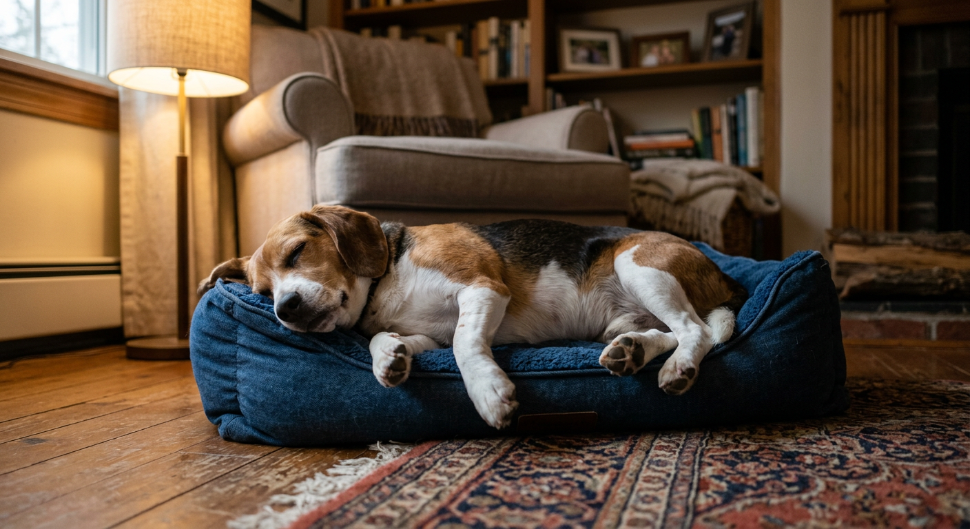 A Beagle dog sleeping soundly on a plush bed, twitching its paws and letting out a soft whimper.