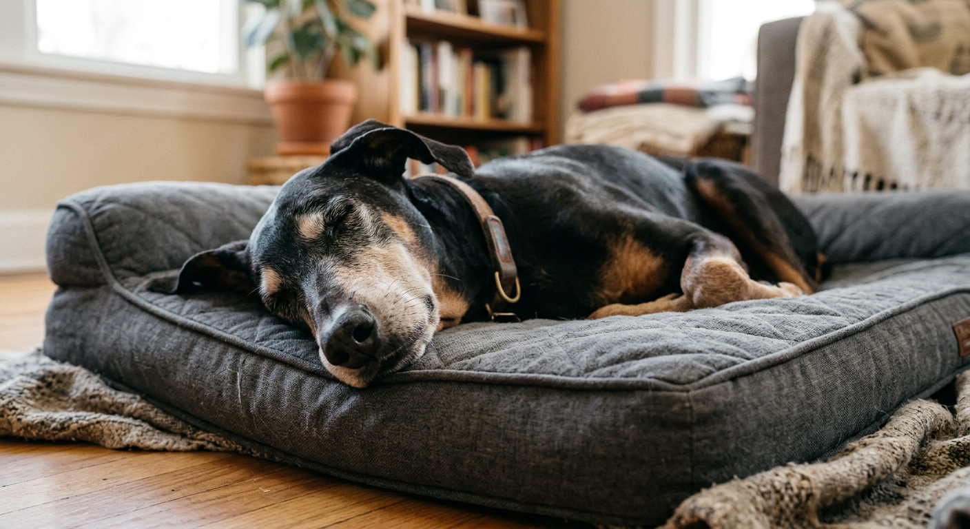 A senior Doberman Pinscher resting on an orthopedic bed, showing signs of dreaming at night.