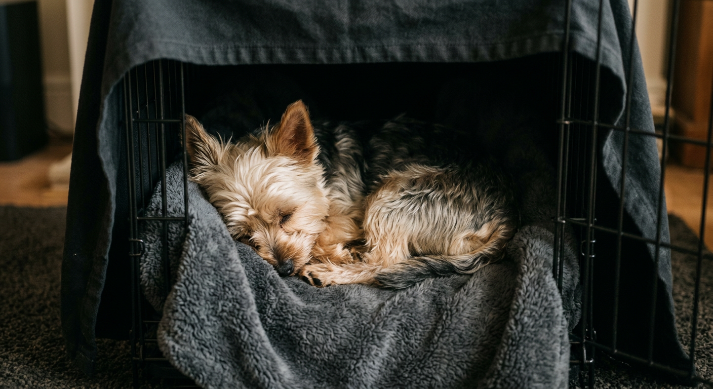 A small Yorkshire Terrier curled up in a cozy dog crate with blankets, sleeping deeply.