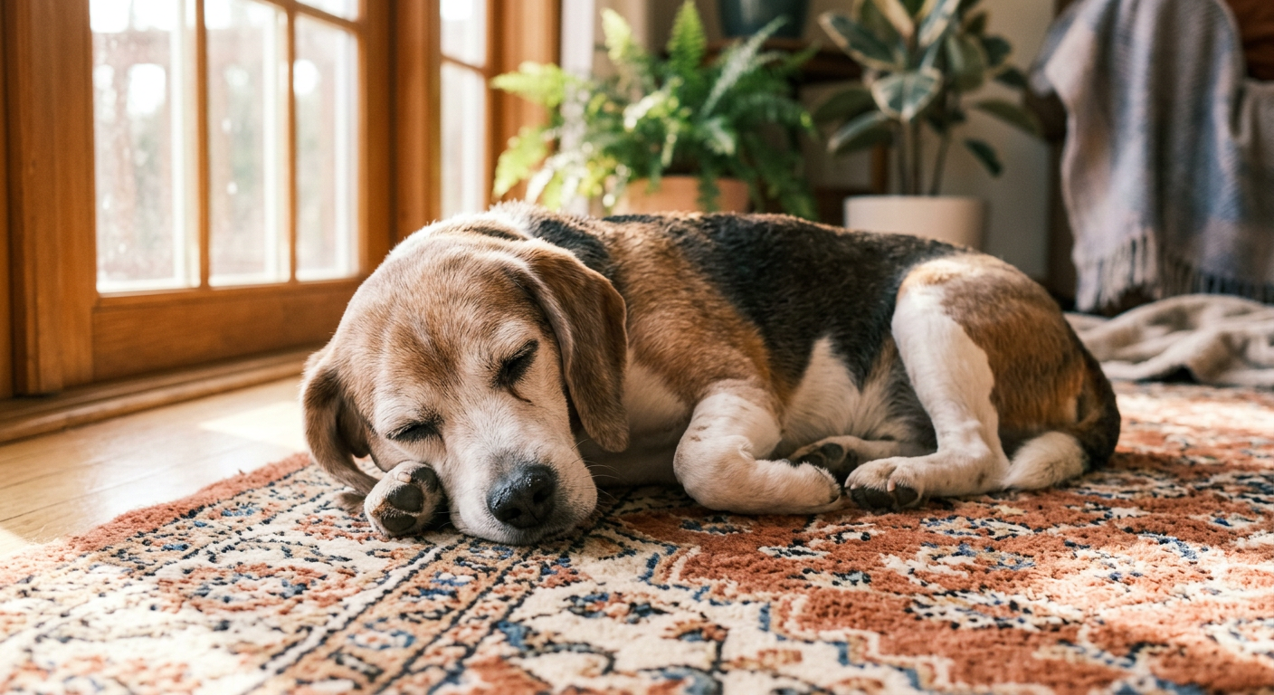 An elderly Beagle dog curled up peacefully on a soft rug in a sunlit living room.