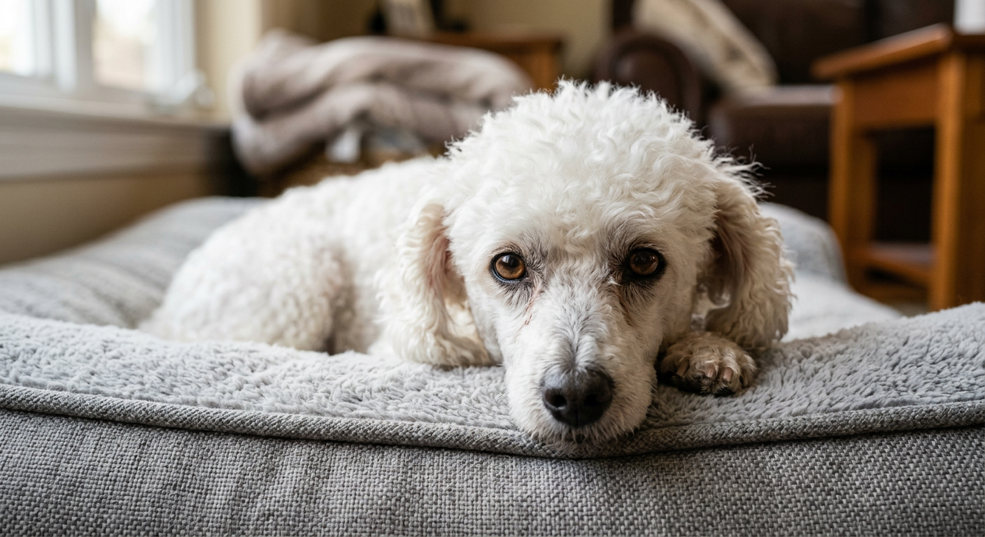 A senior Poodle resting its head on its paws while looking toward the camera.