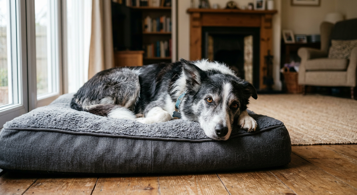 A senior Border Collie resting on a high-quality orthopedic dog bed in a cozy room.
