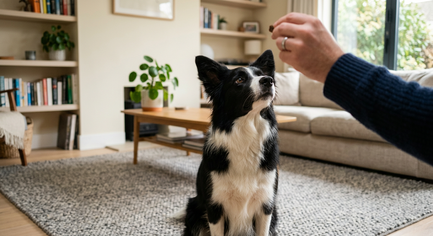 A trainer giving a treat to a seated Border Collie in a bright living room.