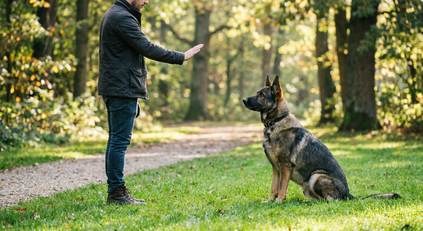 A German Shepherd performing a stay command in a grassy park setting.