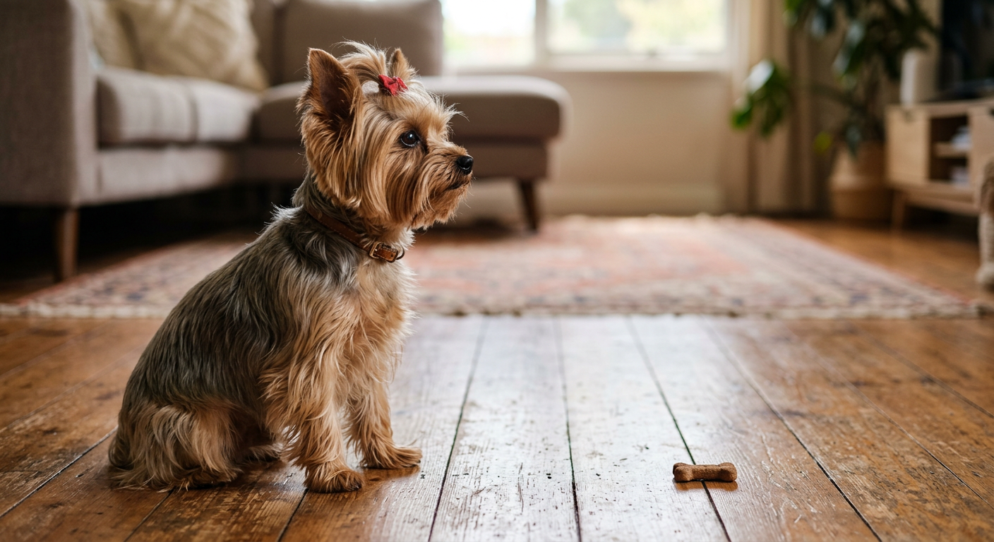 An Australian Shepherd looking away from a treat on the floor during a leave it exercise.