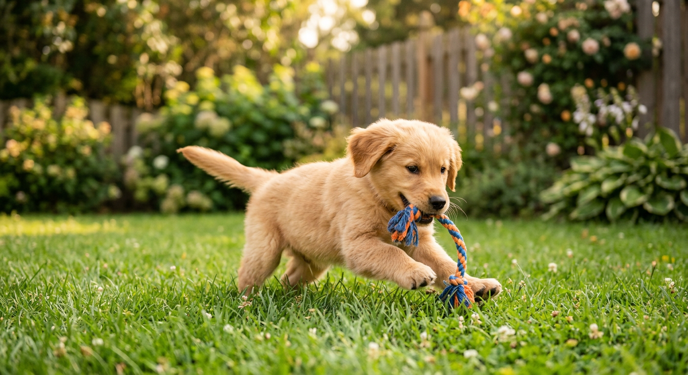 A young puppy playing with a soft toy on a green lawn during a short play session.