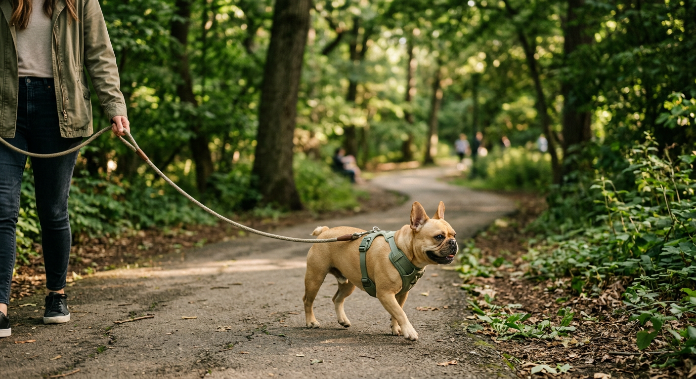 A French Bulldog walking calmly on a leash during a cool morning stroll.